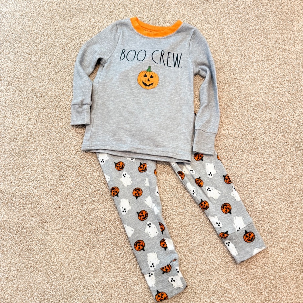 Rae Dunn Pajama Set Kids 3T Gray Boo Crew Halloween Pumpkin Ghost PJs Soft Cozy